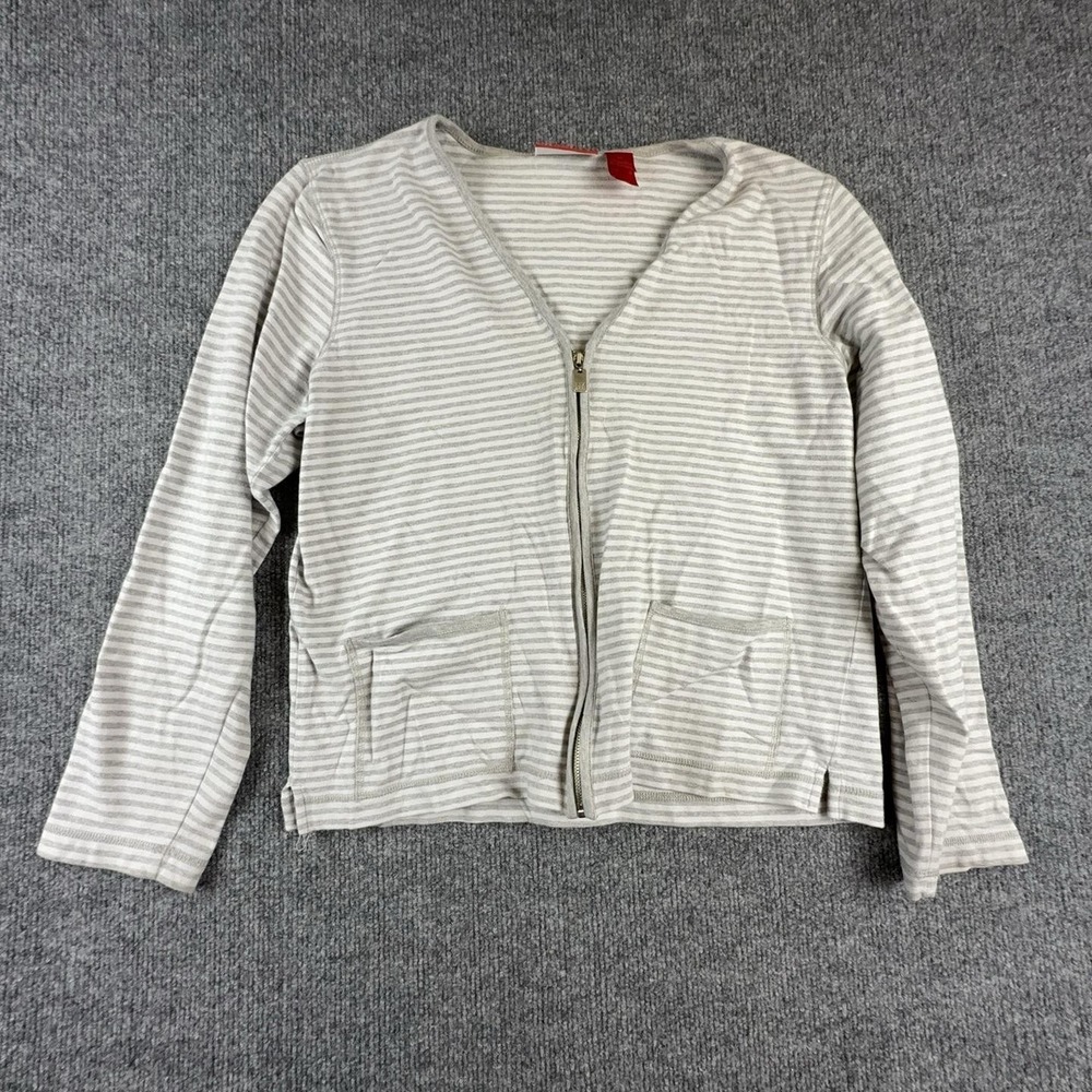 Liz Claiborne Cardigan Sweater Womens Medium Gray Striped Full Zip Pockets